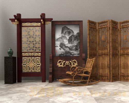 中式木质雕花屏风摇椅