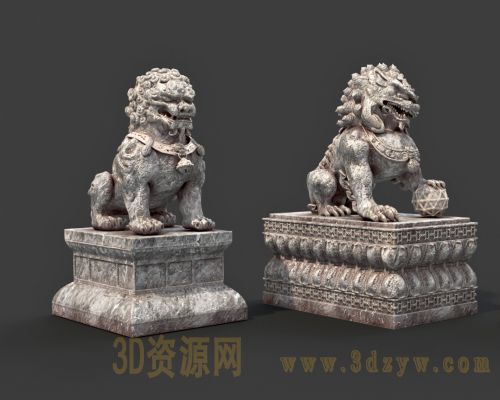 3个石狮雕像 狮子雕像 守门石狮模型