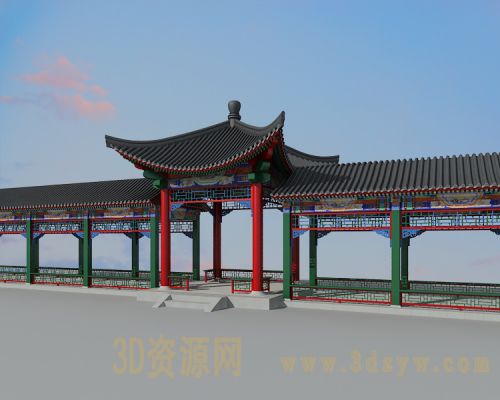 中式长廊凉亭模型