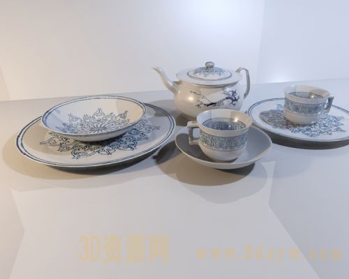 青花瓷盘子 茶杯 茶壶模型