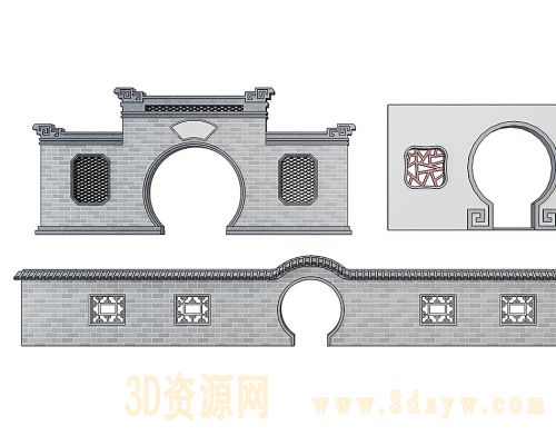 中式拱门墙模型 室外建筑 古代建筑模型 古建筑模型