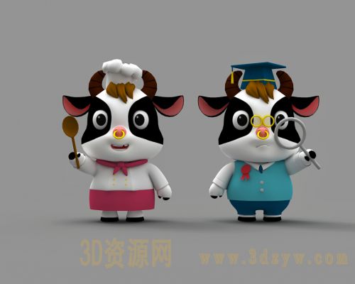 4个卡通小牛模型 卡通牛 卡通动物 可爱Q版牛模型
