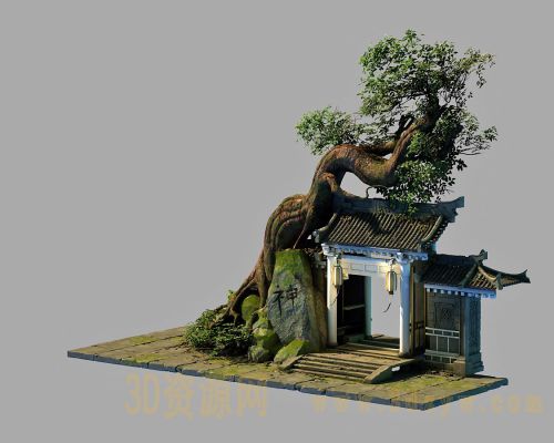 游戏场景模型 古树 门房